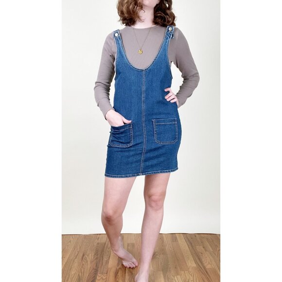 Vintage Overall Mini Dress Denim Jean Casual Western Hippie Boho Cowgirl Coastal - Picture 4 of 9
